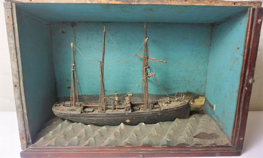 Model Boat, In a Wood Display Case, Named Dunstoneorough, Boat 20cm high, 36cm wide