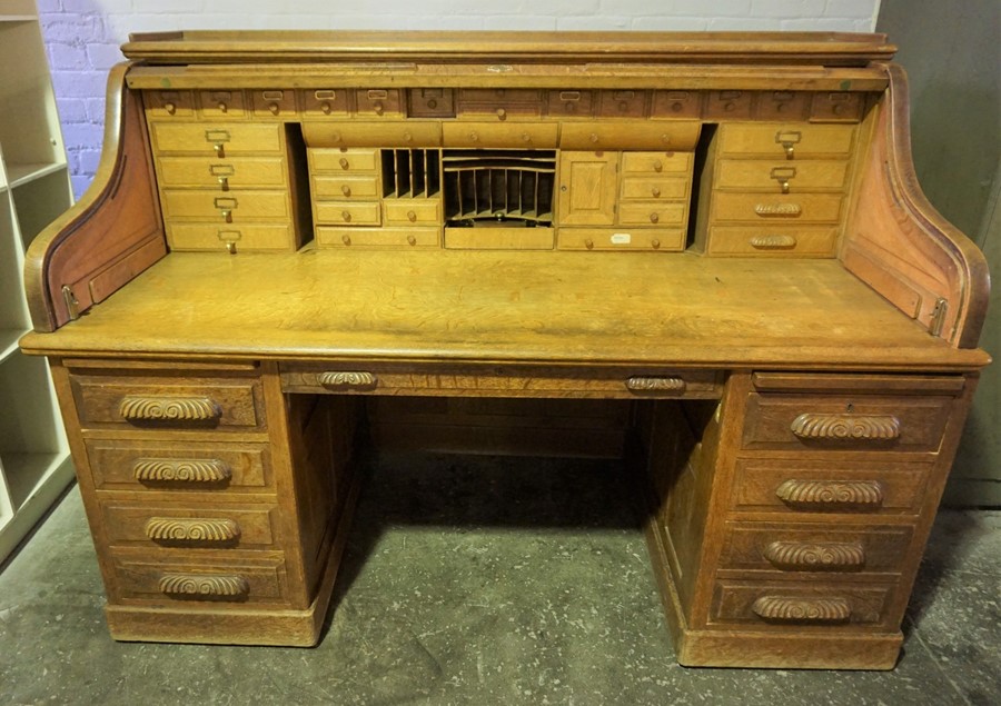 Oak Roll Top Desk, Having a Tambour Roller Shutter enclosing fitted Drawers and Pigeon Holes, Raised - Image 2 of 9