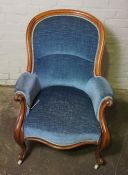 Victorian Mahogany Armchair, Upholstered in Blue Dralon, Raised on Castors, 95cm high