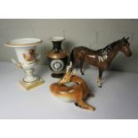 Large Beswick Figure of a Horse, 30cm high, Also with a Chech Porcelain Figure of a Deer, Pink