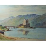 J.K. Maxton "Castle with a Bridge to the Foreground, Hills to the Background" Watercolour, Signed,