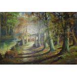 British School "Path in the Woods with Lake to the Background" Oil on Canvas, Signed Indistinctly,