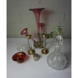 Quantity of Decorative Glass and Crystal, To include Lustres with Drops, Epergne, Cranberry Style