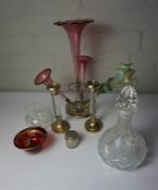 Quantity of Decorative Glass and Crystal, To include Lustres with Drops, Epergne, Cranberry Style