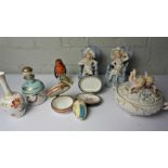 Quantity of Decorative Porcelain and China, To include Figures, Limoges Scent Bottle, Majolica