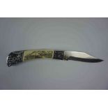 Schrades Scrimshaw Folding Hunter Pocket Knife, No 01034, Stamped to the Blade U.S.A 26150,