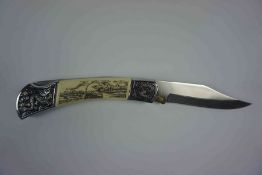 Schrades Scrimshaw Folding Hunter Pocket Knife, No 01034, Stamped to the Blade U.S.A 26150,