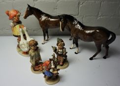 Eight Assorted Hummel and Goebel Figures, Also with two Beswick Horses, (10)