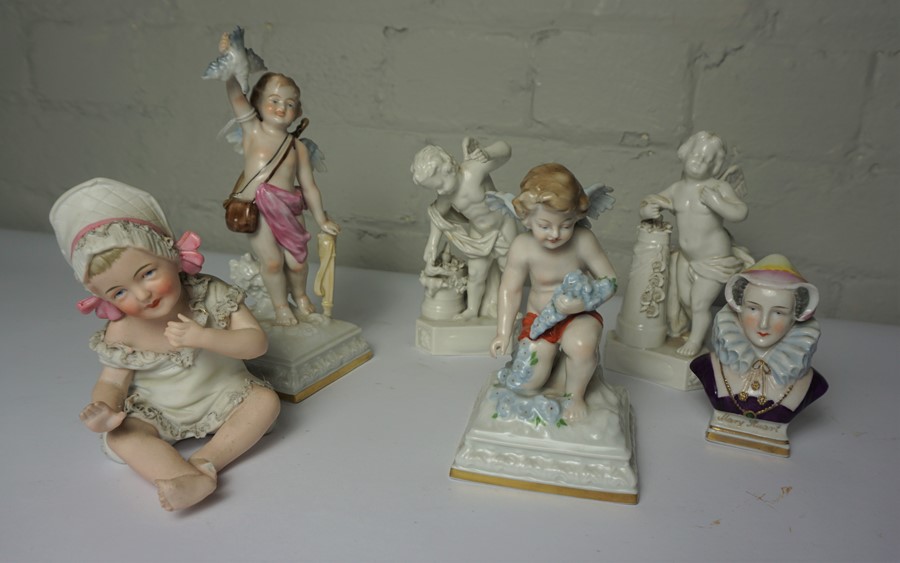 Four Assorted Continental Porcelain Figures, Modelled as Putti, Also with a small Porcelain Bust