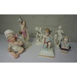 Four Assorted Continental Porcelain Figures, Modelled as Putti, Also with a small Porcelain Bust