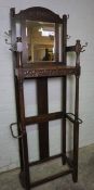 Oak Hallstand, Having a Mirrored section to the top, With Fitted Metal Pegs and Stick Rails, 194cm