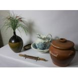 Mixed Lot of Sundry Pottery, To include a Ewer and Basin, Teracotta Bread Bin, Carlton Ware Dish and