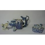 Box of Blue and White Pottery, To include Chinese Vases and Rington Jugs etc