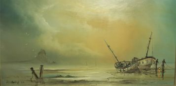 P.J Wintrip "Fishing Boats" OIl on Board, Signed, 29cm x 60cm