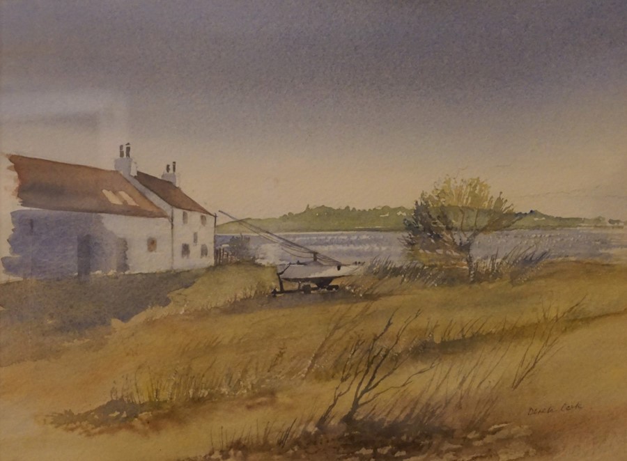 Derek Cook "River Scene with House and Boat" Watercolour, 24.5cm x 33cm