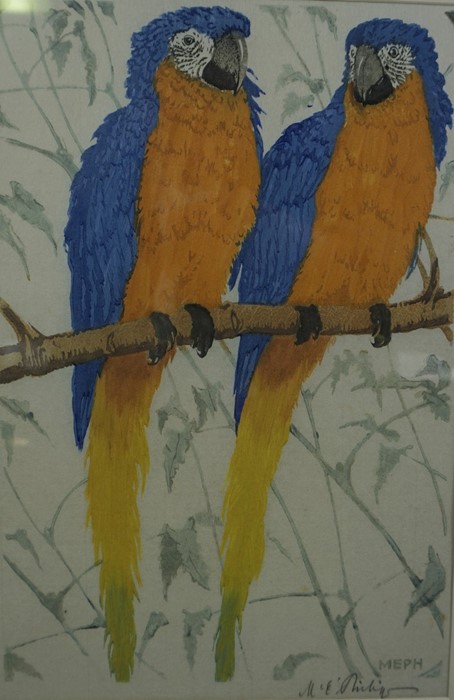 Martin E Philip (1887-1978) "Parrots Perched" Colour Woodcut, Signed in Pencil and printed Meph,