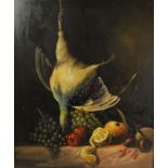 Continental School "Stll Life of Game Bird with Fruit" Oil on Panel, Signed indistinctly, 58cm x