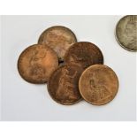 Five Victorian 1853 Copper Coins, To reverse a seated Britannia, With a Victorian 1891 Crown, And