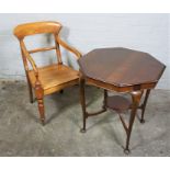 Victorian Beech style Elbow Chair, 92cm high, With a Mahogany Octagonal Window Table, 72cm high,