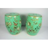 Pair of Chinese style Pottery Barrel Seats / Stands, 20th century, Decorated with panels of Exotic