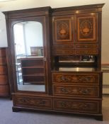 Edwardian Mahogany Inlaid Princess Wardrobe, Having a Mirrored Door, Flanked with Cupboard Doors