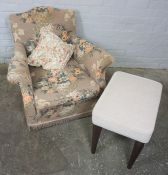 Vintage Upholstered Armchair, 76cm high, With a Stool, (2)