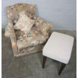 Vintage Upholstered Armchair, 76cm high, With a Stool, (2)