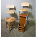 Two Modern Folding Chairs, With a Bed Tray and a Wicker Stool, (4)