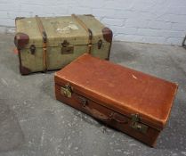 Canvas and Wood Bound Travel Trunk, 33cm high, 70cm wide, With a Vintage Suitcase, (2)