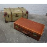 Canvas and Wood Bound Travel Trunk, 33cm high, 70cm wide, With a Vintage Suitcase, (2)