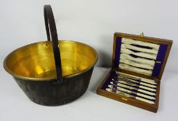 Brass Jam Pan, With a Cased set of six Fisk Knives and Forks