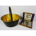 Brass Jam Pan, With a Cased set of six Fisk Knives and Forks