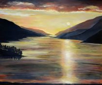 Anne White (Scottish, B.1960), Sunset Over Loch Shiel, oil on board, initials lower right, artist