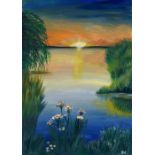 Bell Villasante (Spanish, B.1999), Sunset upon a Lake, acrylic on board, framed 49cm x 59cm (