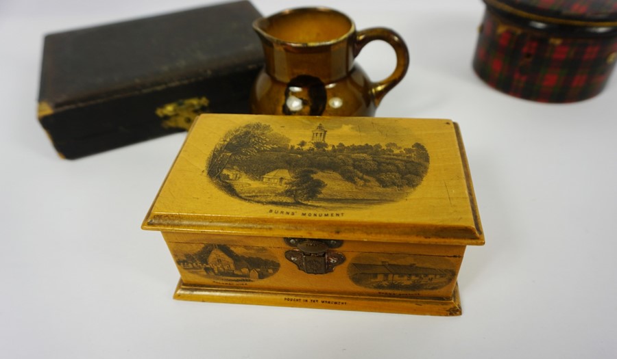 Tartanware String Box, 5cm high, 10cm wide, With a Mauchline Ware Burns Monument themed Box, - Image 2 of 3