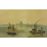 J.Russell "Fishing Boats with a Town to the Background" Watercolour, Signed, 22cm x 37cm, With a "