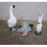 Three Painted Composite Stone Garden Figures, Modelled as two Swans and a Bird, Largest 25cm
