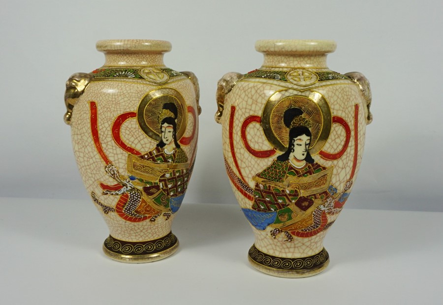 Pair of Japanese Satsuma "Samarai" Crackle Glaze Vases (20th century) 27cm high, (2)