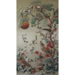 Chinese Embroidery on Silk (20th century) Decorated with Peacocks and Birds in Foliage, 115cm x 65.