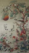 Chinese Embroidery on Silk (20th century) Decorated with Peacocks and Birds in Foliage, 115cm x 65.