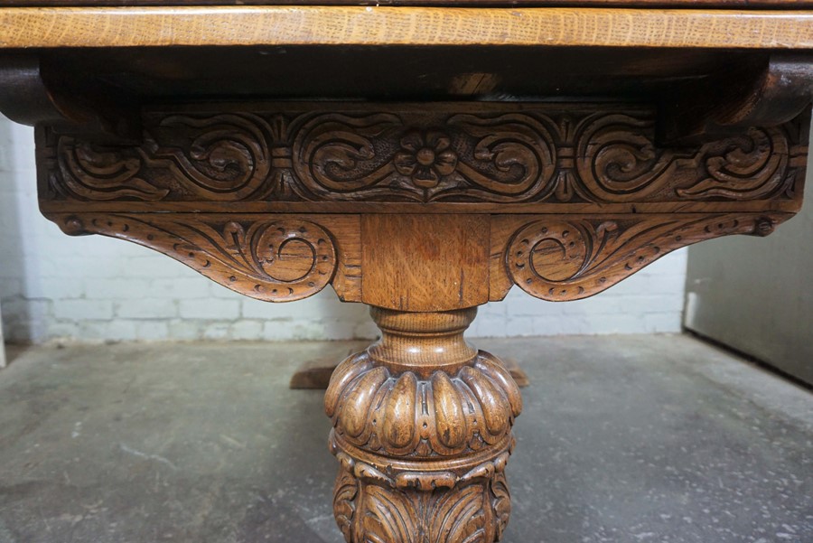 Oak Draw Leaf Dining Table, circa 1930s, Raised on Pineapple supports, 76cm high, 245cm long, 85cm - Image 3 of 4