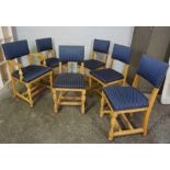 Set of Six Blonde Oak Dining Chairs, Having one Carver chair, Upholstered in later blue fabric,