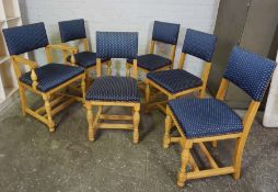 Set of Six Blonde Oak Dining Chairs, Having one Carver chair, Upholstered in later blue fabric,