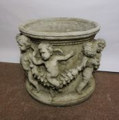 Composite Stone Garden Jardiniere, Decorated with allover Putti, 33cm high, 37cm wide, Matches lot