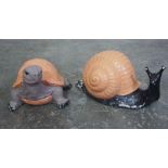 Two Painted Composite Stone Garden Figures, Modelled as a Snale and a Tortoise, Largest 9cm high, (