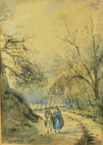 J.P Prentice (19th century) "Lord with Figure near Newbattle" Watercolour, Signed and Dated 1861,