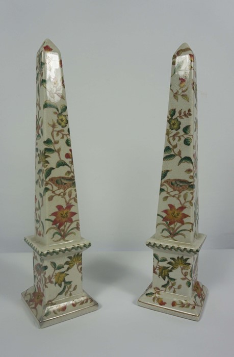 Pair of Reproduction Chinese Crackle Glaze Obelisks, Decorated with allover panels of Birds in - Image 2 of 5