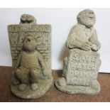 Two Composite Stone Garden Figures, Modelled as a Male with Slogan, 40cm high, (2)