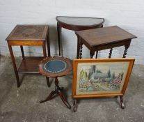 Four Assorted Occasional Tables, Largest 74cm high, 66cm wide, With a Firescreen, (5)