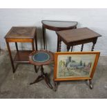 Four Assorted Occasional Tables, Largest 74cm high, 66cm wide, With a Firescreen, (5)